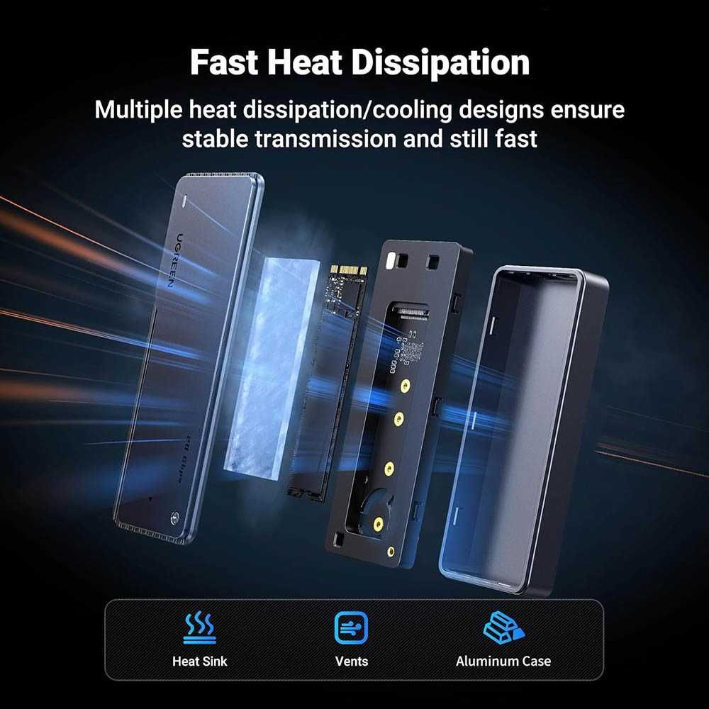 Карман для SSD M2 NVMe 20 Гбит/с Type-C USB 3.2 Gen 2 UGREEN алюминий