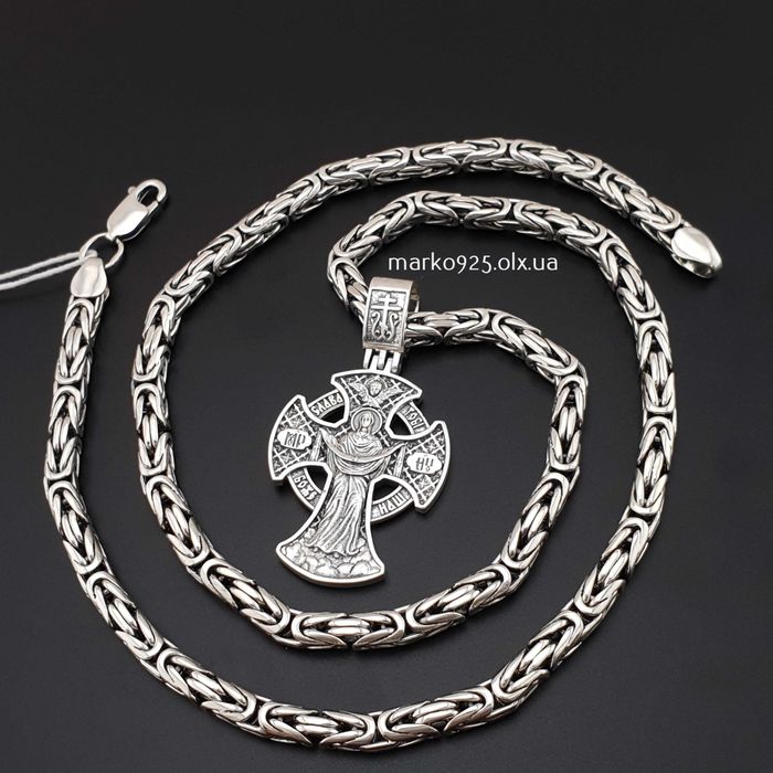 Товста чоловіча срібна цепочка лисячий хвіст і освячений кулон хрестик