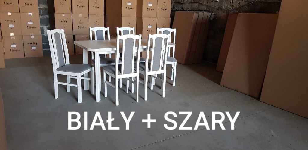 Nowe: Stół 80x140/180 + 6 krzeseł,  BIAŁY + SZARY, dostawa PL