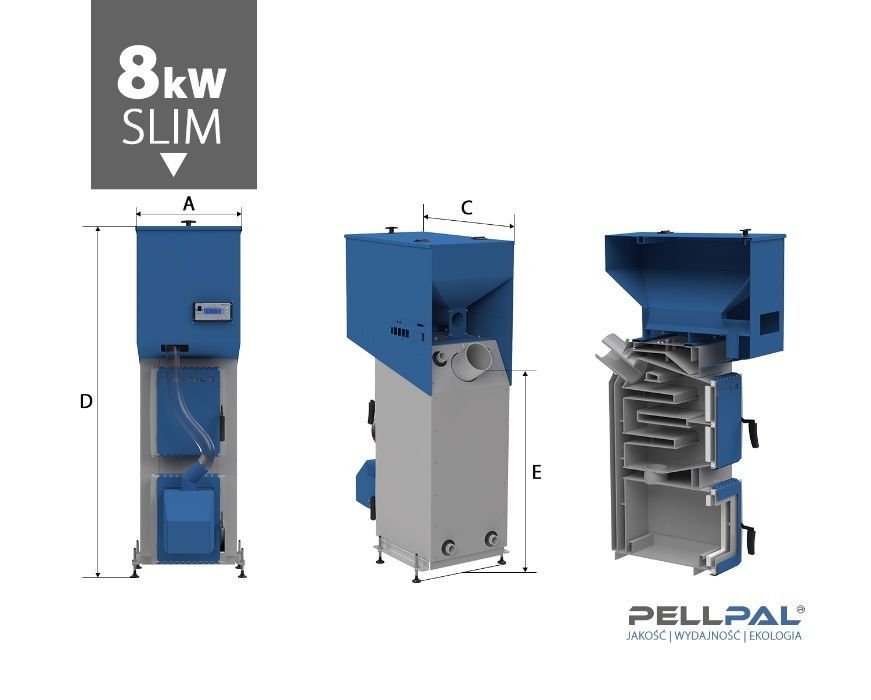 Kocioł c.o. na pellet 8kW PellPal Slim Dotacja 5 klasa Ekodesign 40cm