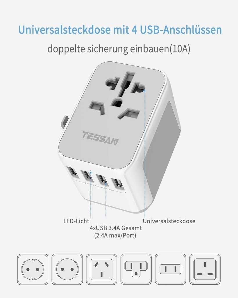TESSAN 633F uniwersalny adapter podróżny 1 AC 4 USB biały