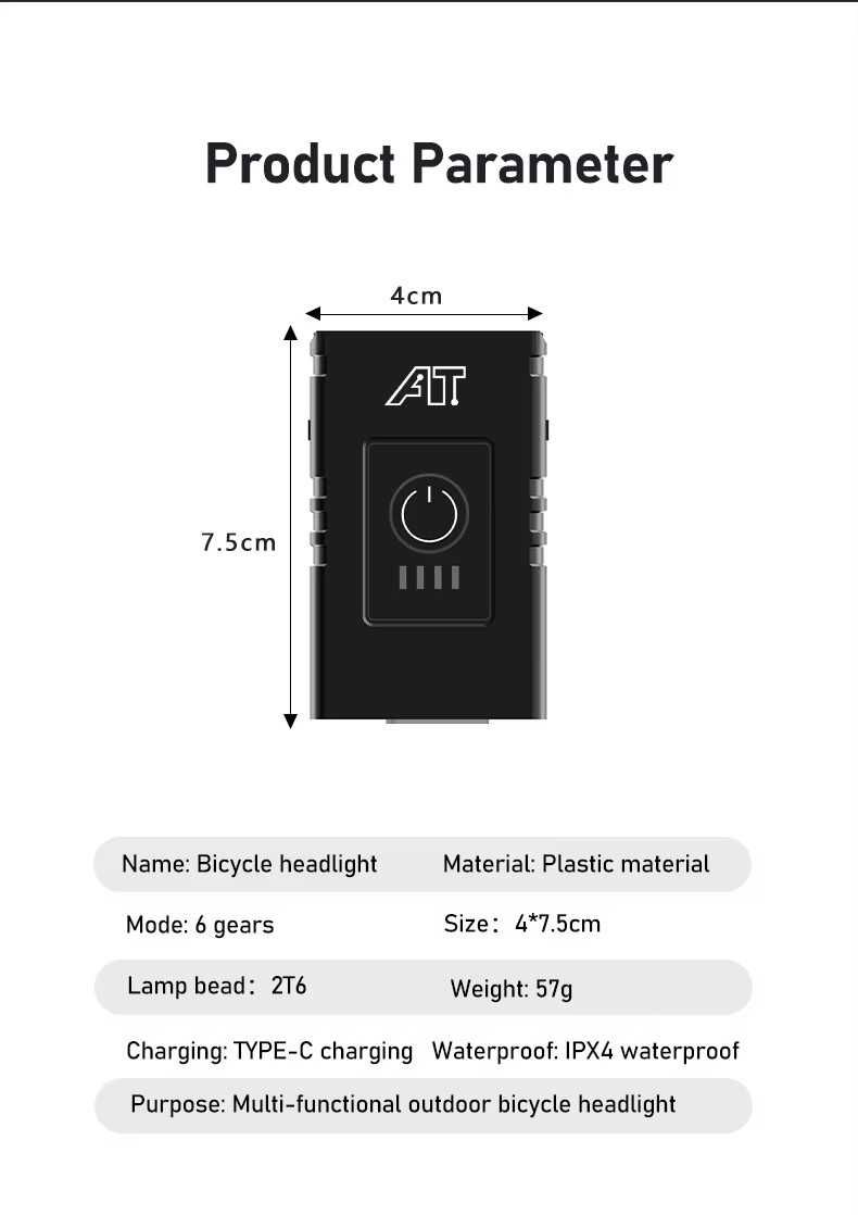 Przednia Lampka Rowerowa LED, Ładowana USB-C, Mocna, 2x DiodaT-6,LAMPA
