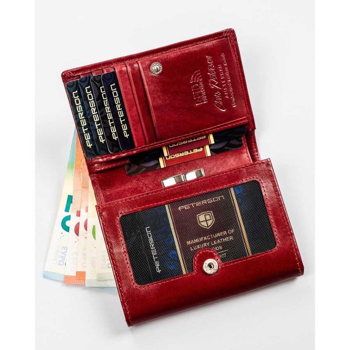 PETERSON portfel damski skórzany elegancki z biglem P224 czerwony