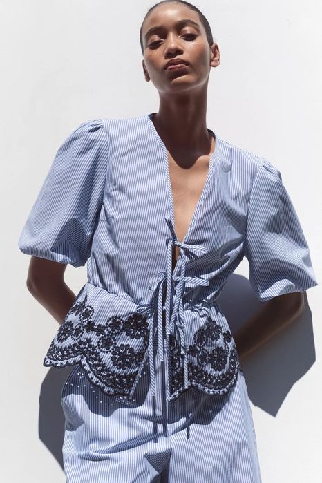 ZARA блакитний костюм котоновий кюлоти блуза в смужку хлопковый синий