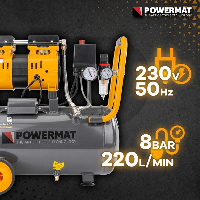 Kompresor bezolejowy 24l sprężarka 8 bar 220l/min 230v cichy 59db