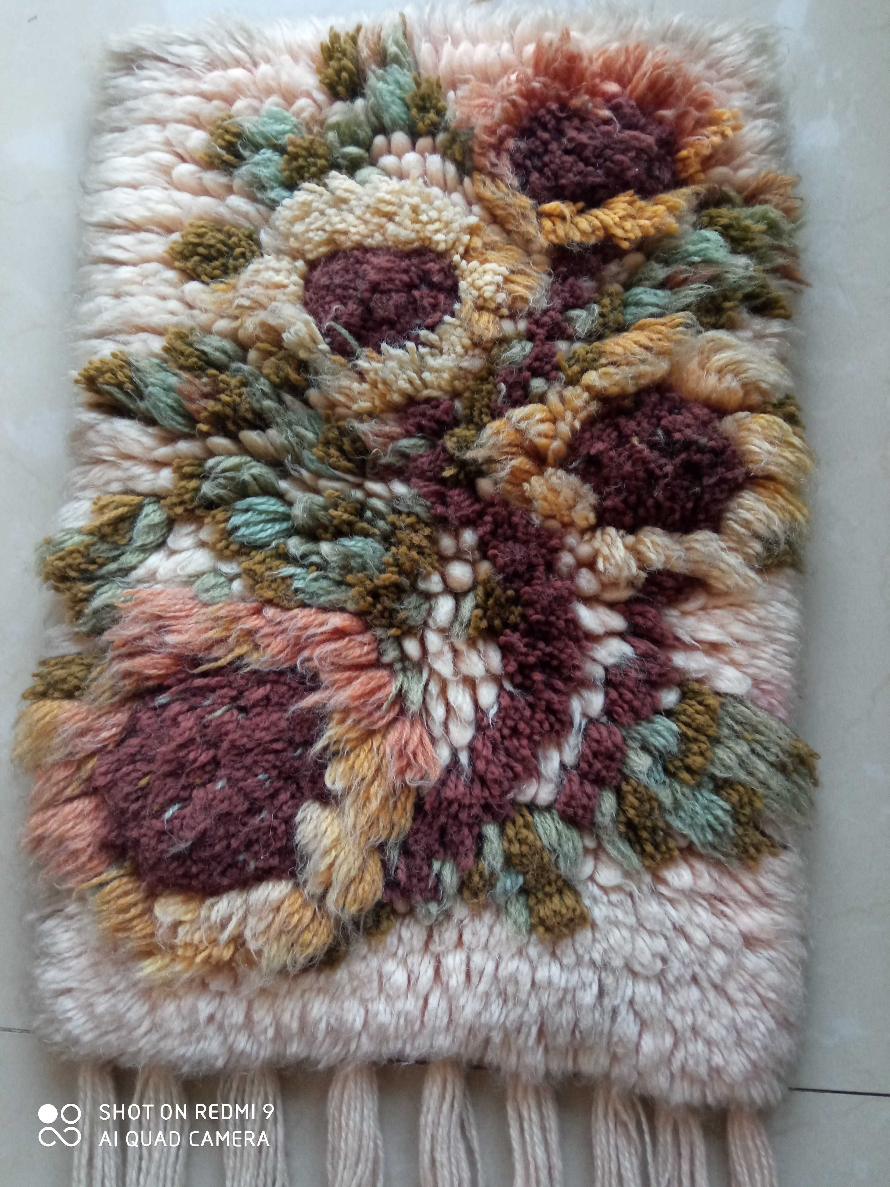 Cepelia PRL kilim makatka kwiaty wełna 33x50 cm + 45cm frędzle