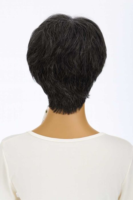 Peruka naturalna , krótka z grzywką , czarny z siwym-sol i pieprz