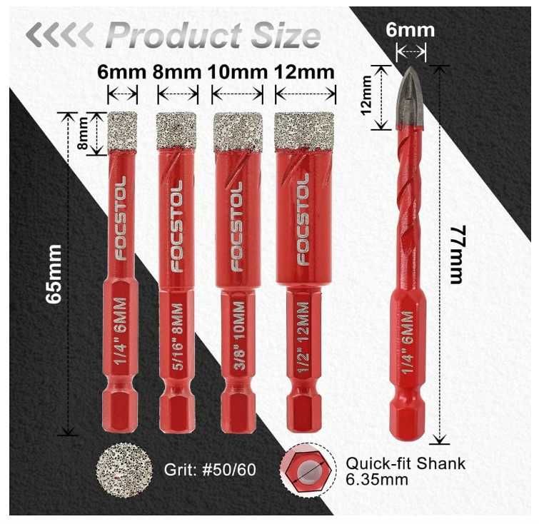 Zestaw 5 otwornic diamentowych do gresu 6-12mm + wiertło FOCSTOL