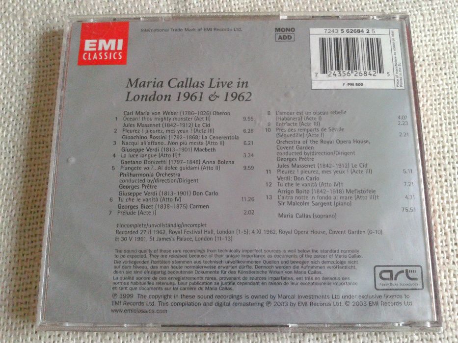 Maria Callas - Live in London 1961 and 1962 CD