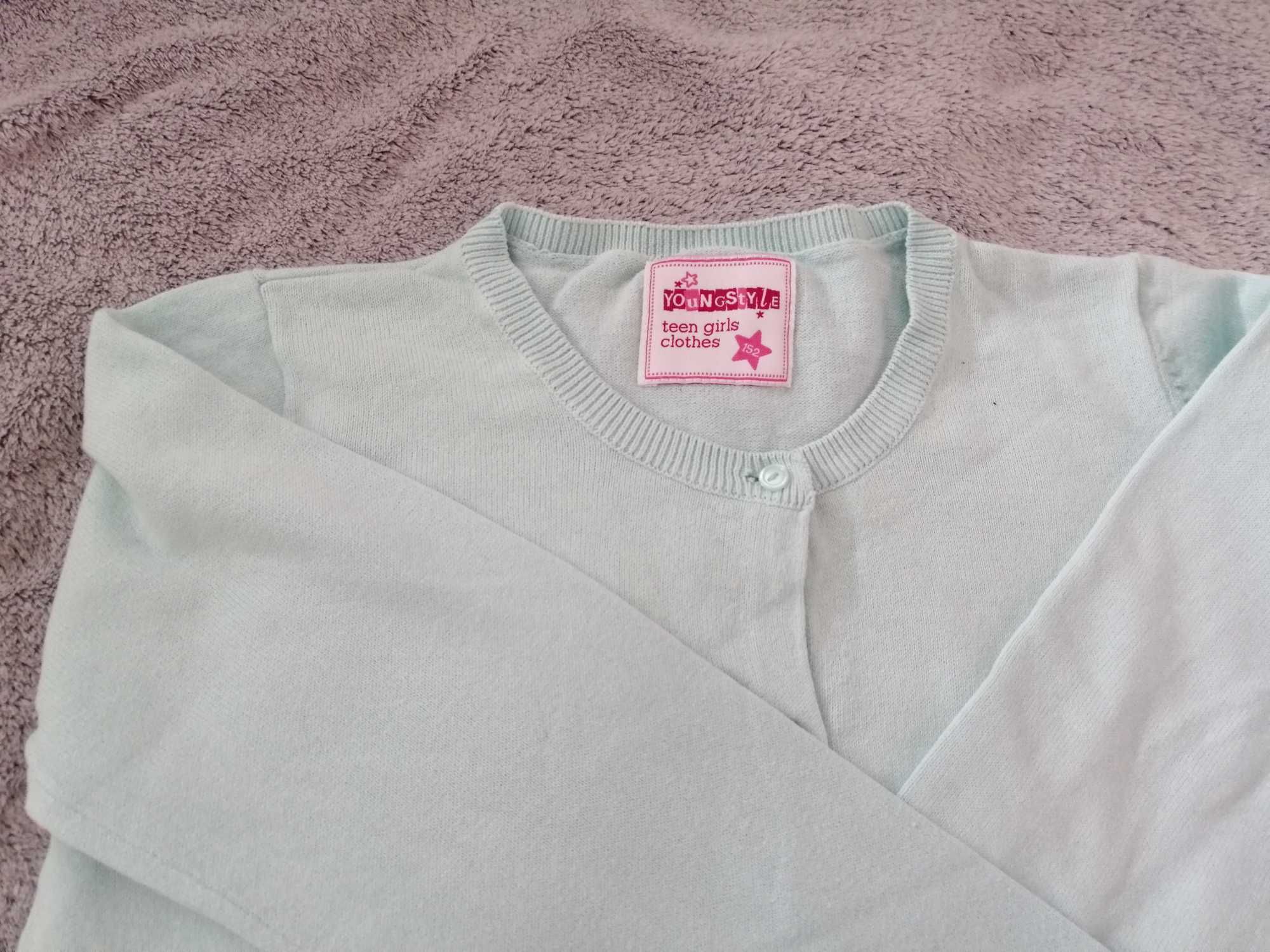 Sweterek miętowy rozpinany i bluzka z cekinami r. 152