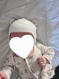 Czapeczka niemowlęca 62 2 4 msc kremowa H&M uszka perełka