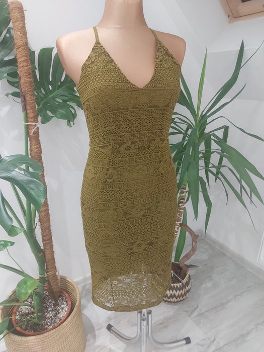 Sukienka midi na ramiączkach gruba tkana koronka H&M podszewka