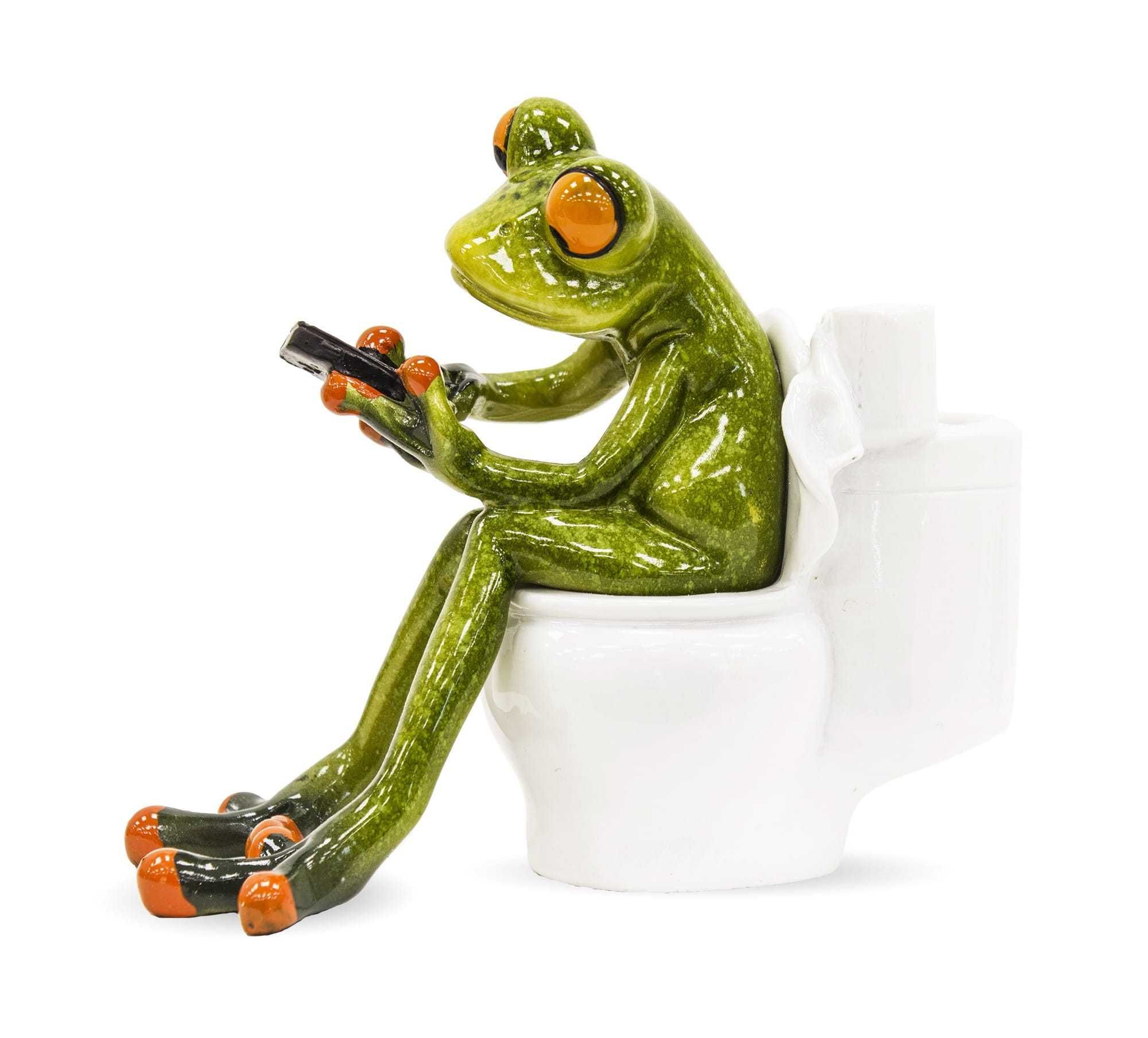 Figurka żaba ze smartfonem w toalecie