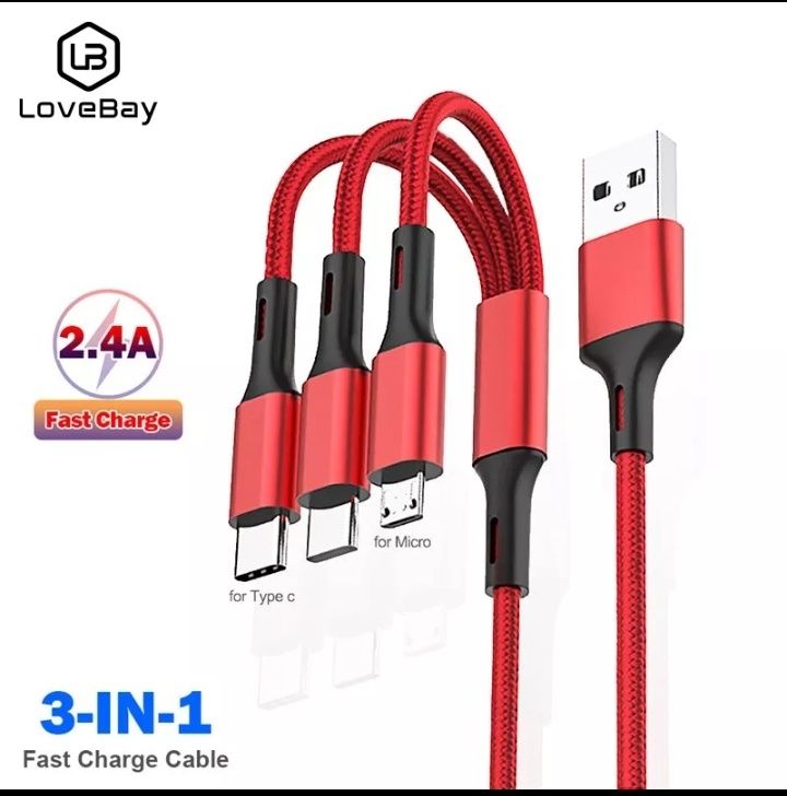 Кабель, шнур для зарядки 3 в 1, 2.4А, (1.2м), Type-C, Micro-USB, iPhon