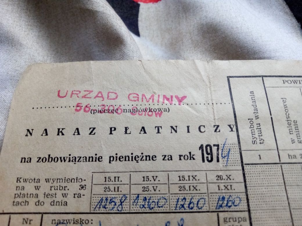 Dokument 1974r nakaz płatniczy