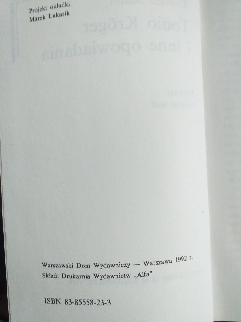 Tomasz Mann Tonio Kröger i inne opowiadania WDW 1992