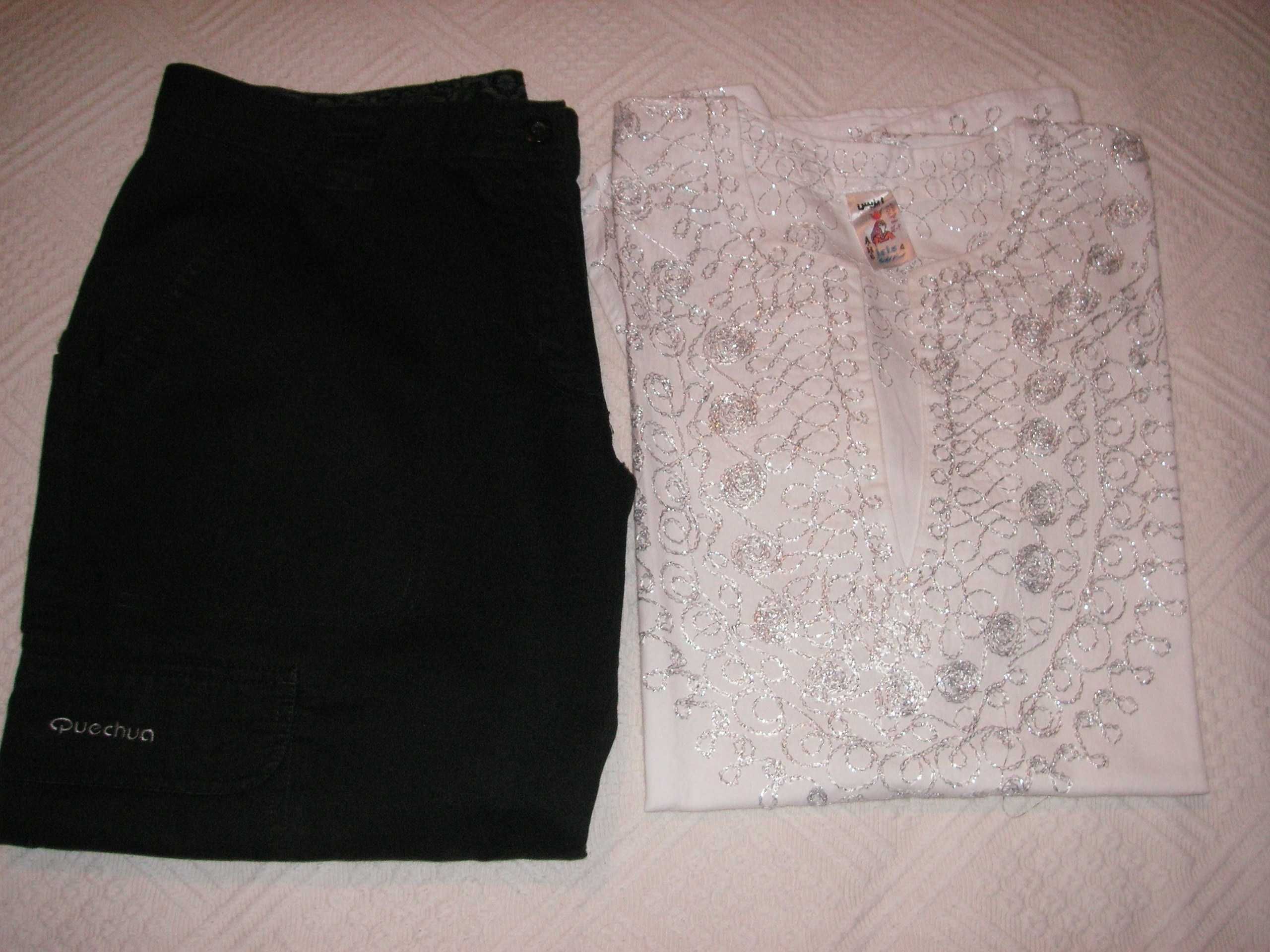 Calções Quechua Preto e Blusa / Túnica Isis Branco e Fio Prateado