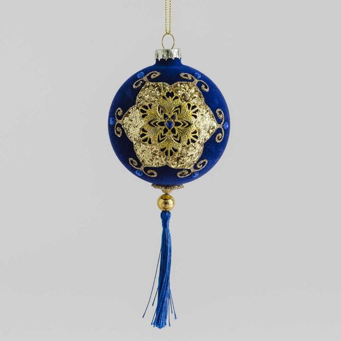 Bombka glamour złoto zdobiona z chwostem niebieska z kryształkami