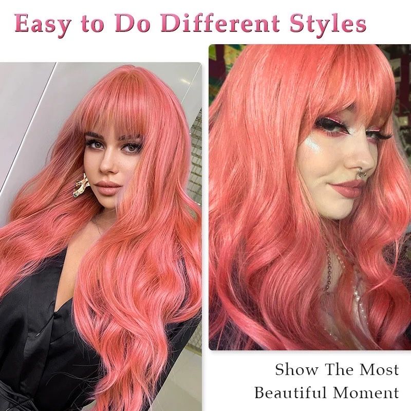 женский парик длинные розовые волосы с челкой