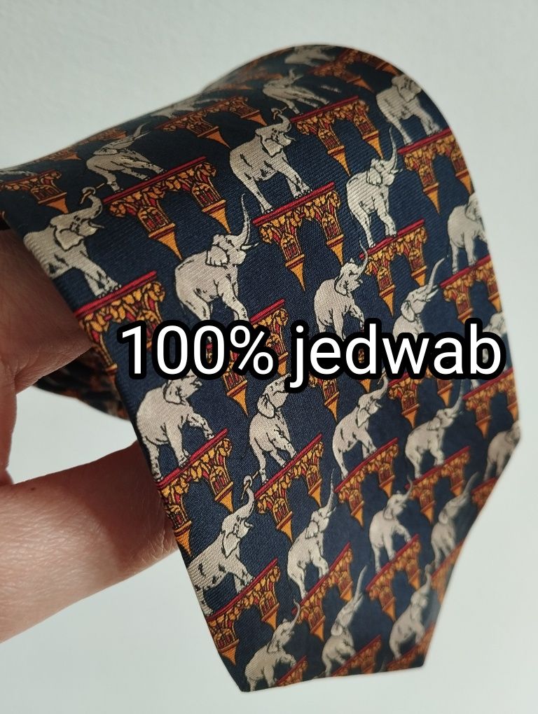 Jedwabny krawat 100% silk słonie, orientalny 9 cm John Comfort