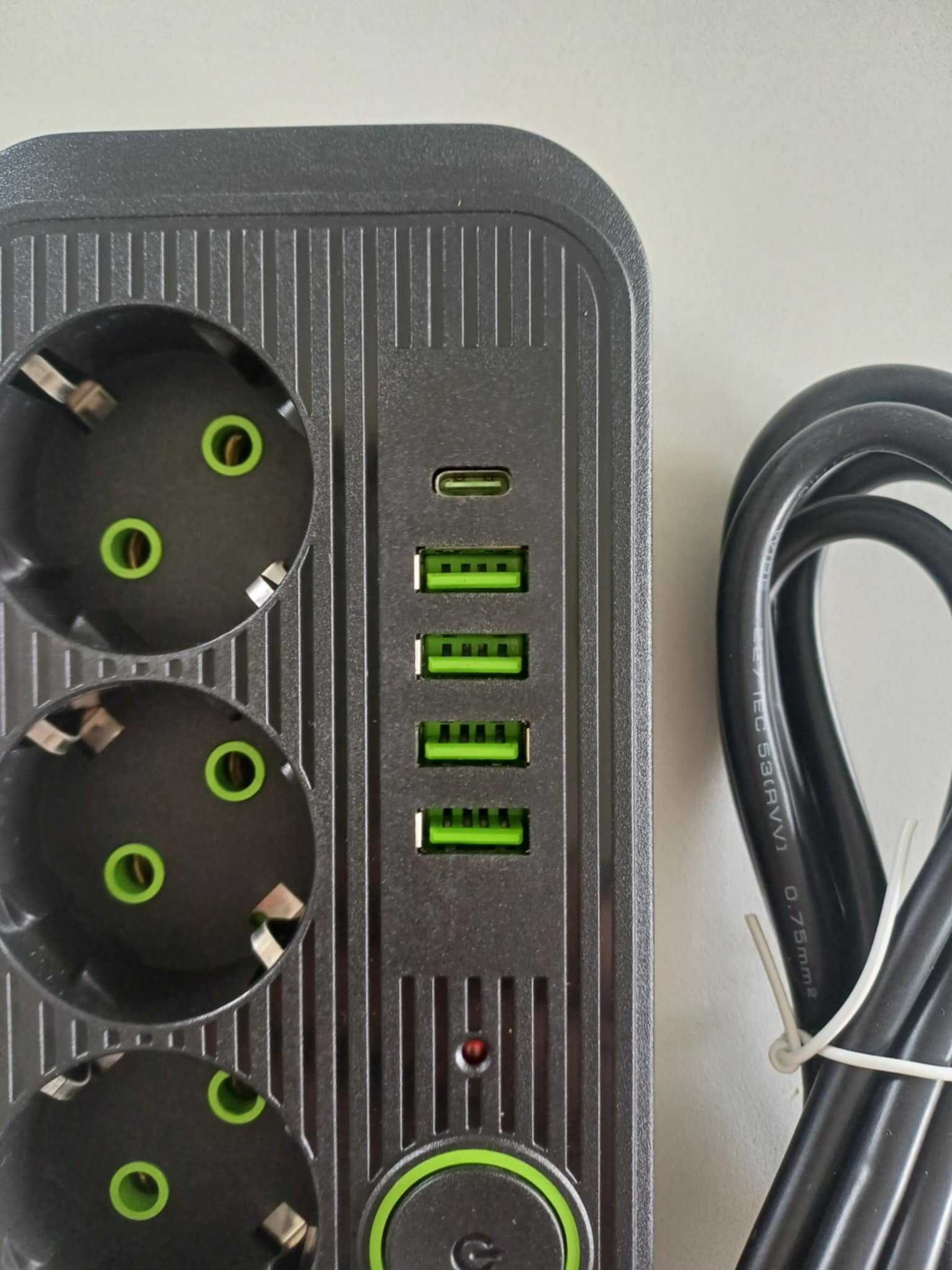 nowy Przedłużacz 4xUSB-A +1xUSB-C + wyłącznik czarny + 3 GNIAZDA