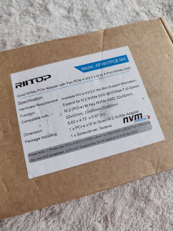 Adapter Quad NVMe PCIe, RIITOP 4 porty M.2 NVMe SSD