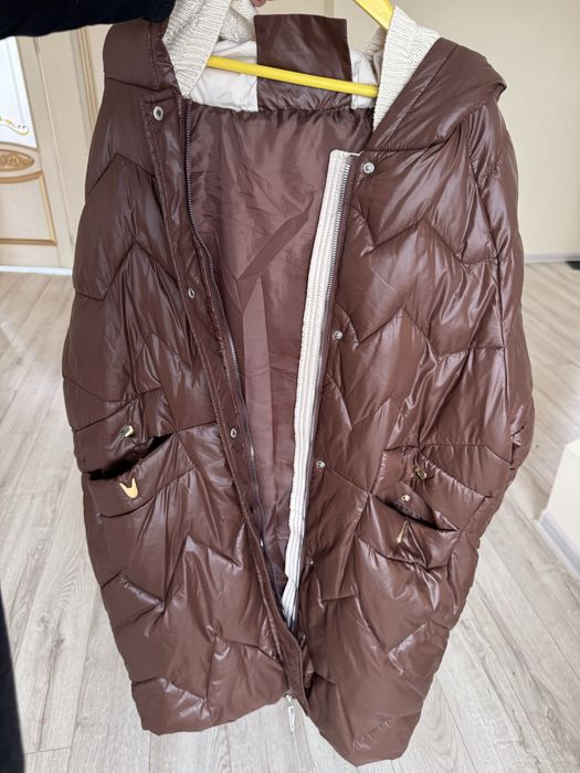 Плащ коричневий зимовий пуховик плащівка жіночий ХЛ розмір