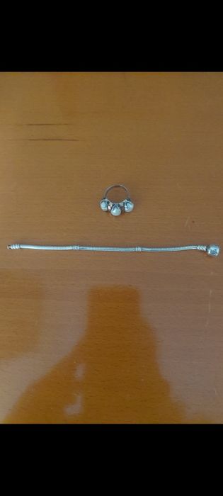 Pulseira em prata Pandora original mais anel em prata e ouro