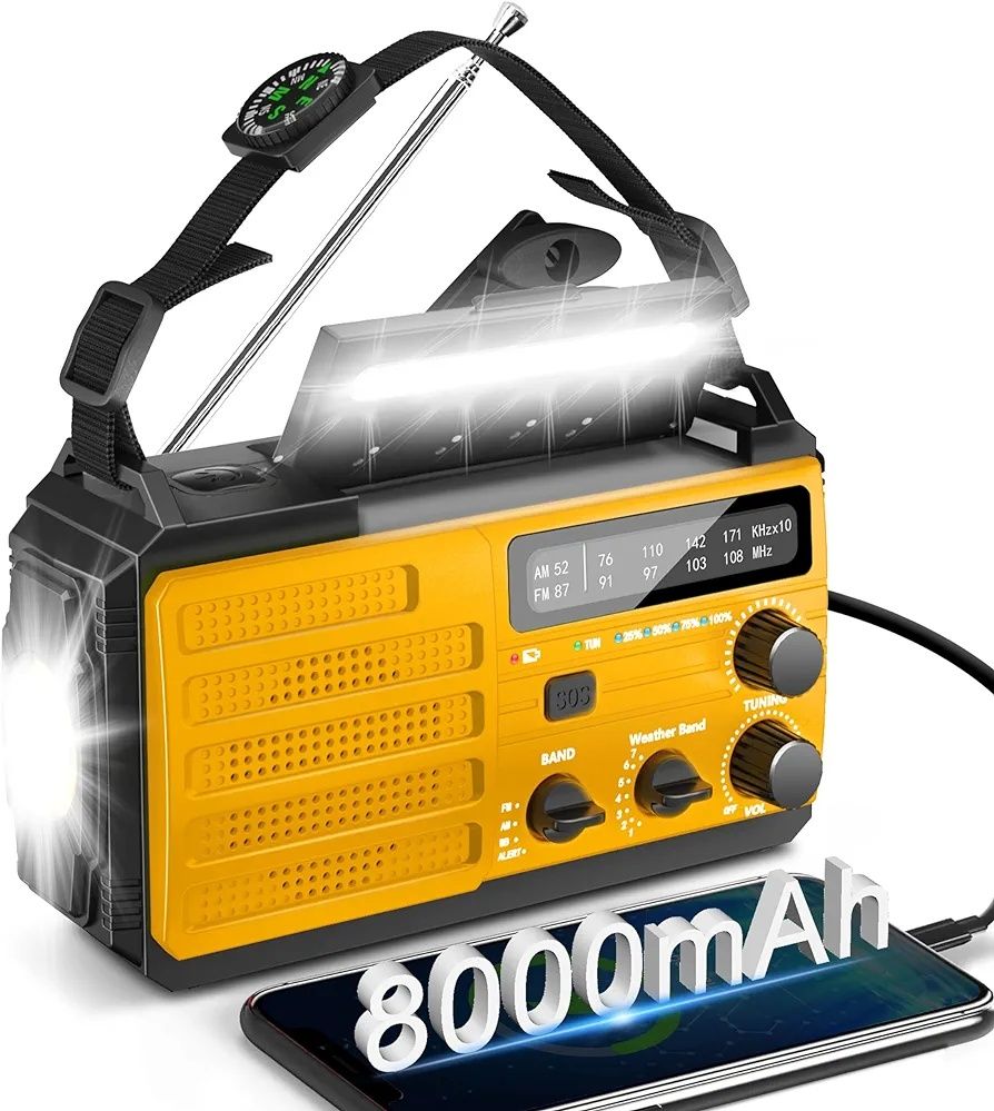 Radio z korbą ręczną 8000 mAh, solar, kompas, FM, SOS