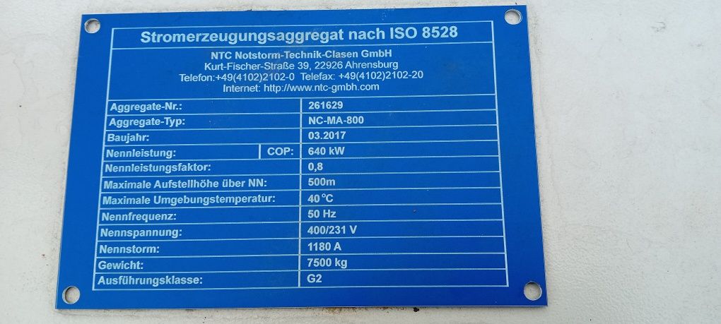 Agregat Prądotwórczy 600 640 kw 700 800 kva 2017 MAN  920 KM

Do sprz