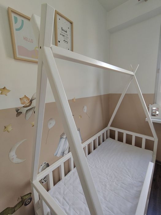 Łóżko dla dziecka Tipi jak domek drewniane sosna handmade z materacem