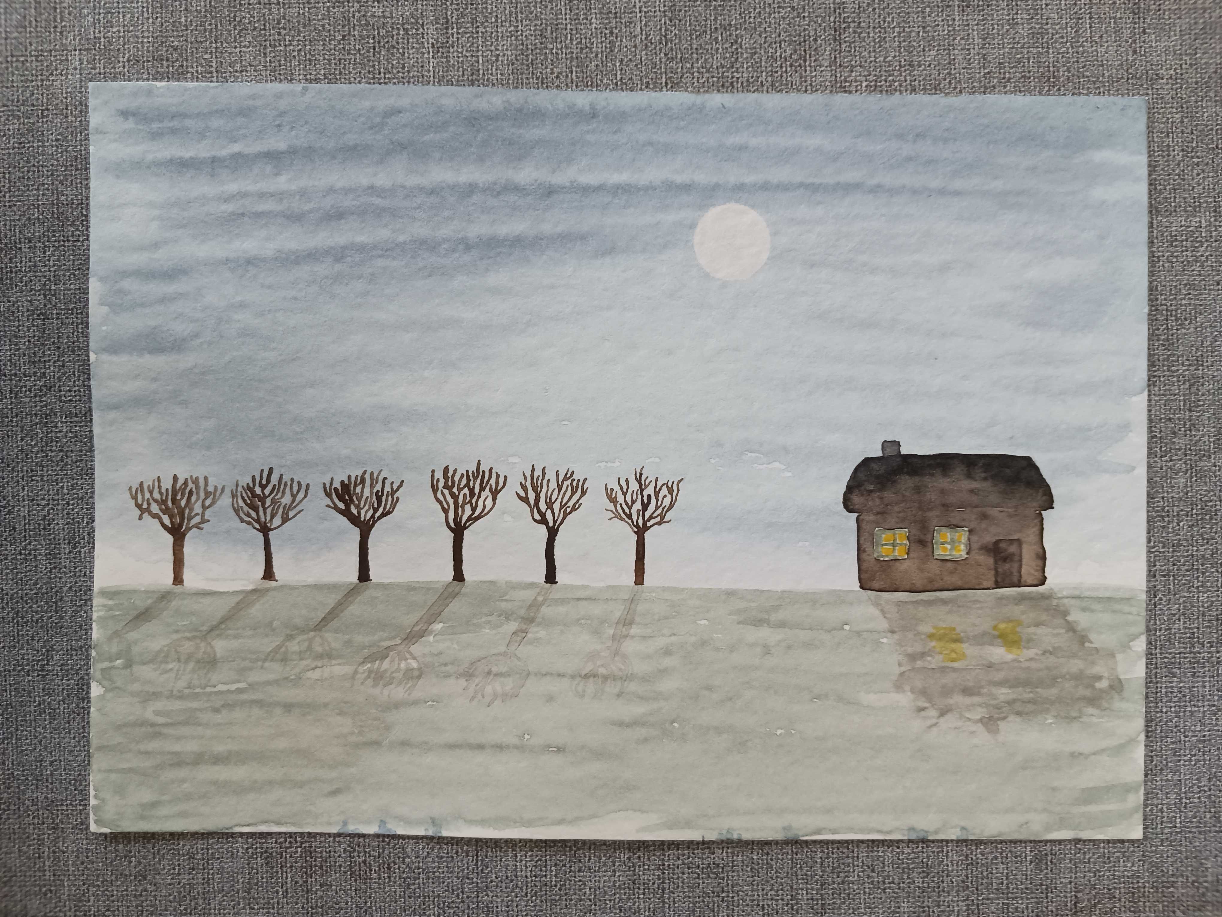Akwarela Akwarelka Hand Made Oryginał A5 Spokojna Noc