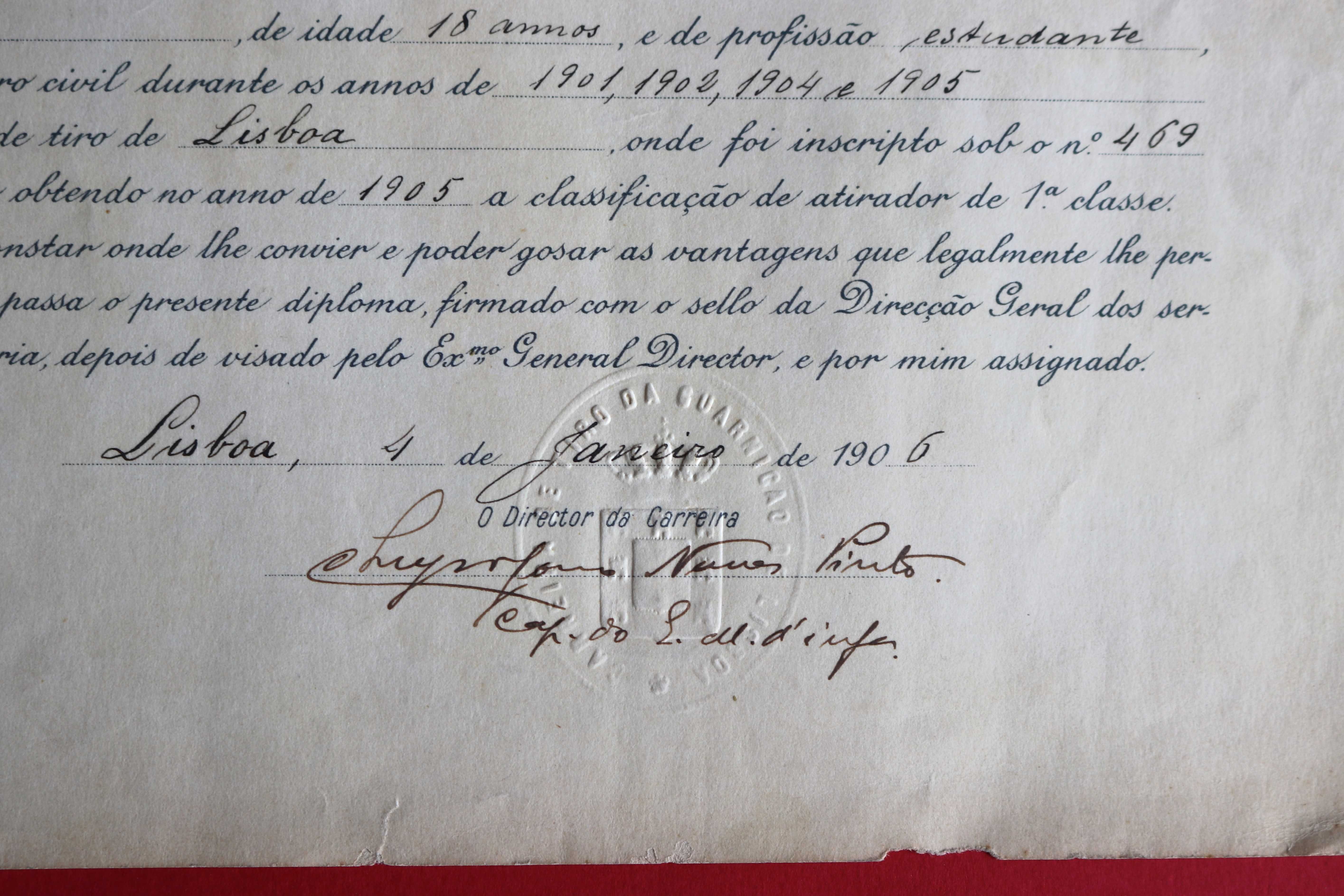 Diploma de atirador civil de 1ª classe 1906 Carreira de Tiro Lx