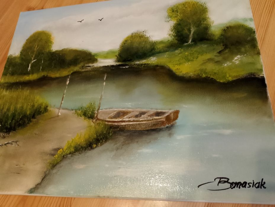 Obraz 50/40 cm łódka przy pomoście rękodzieło