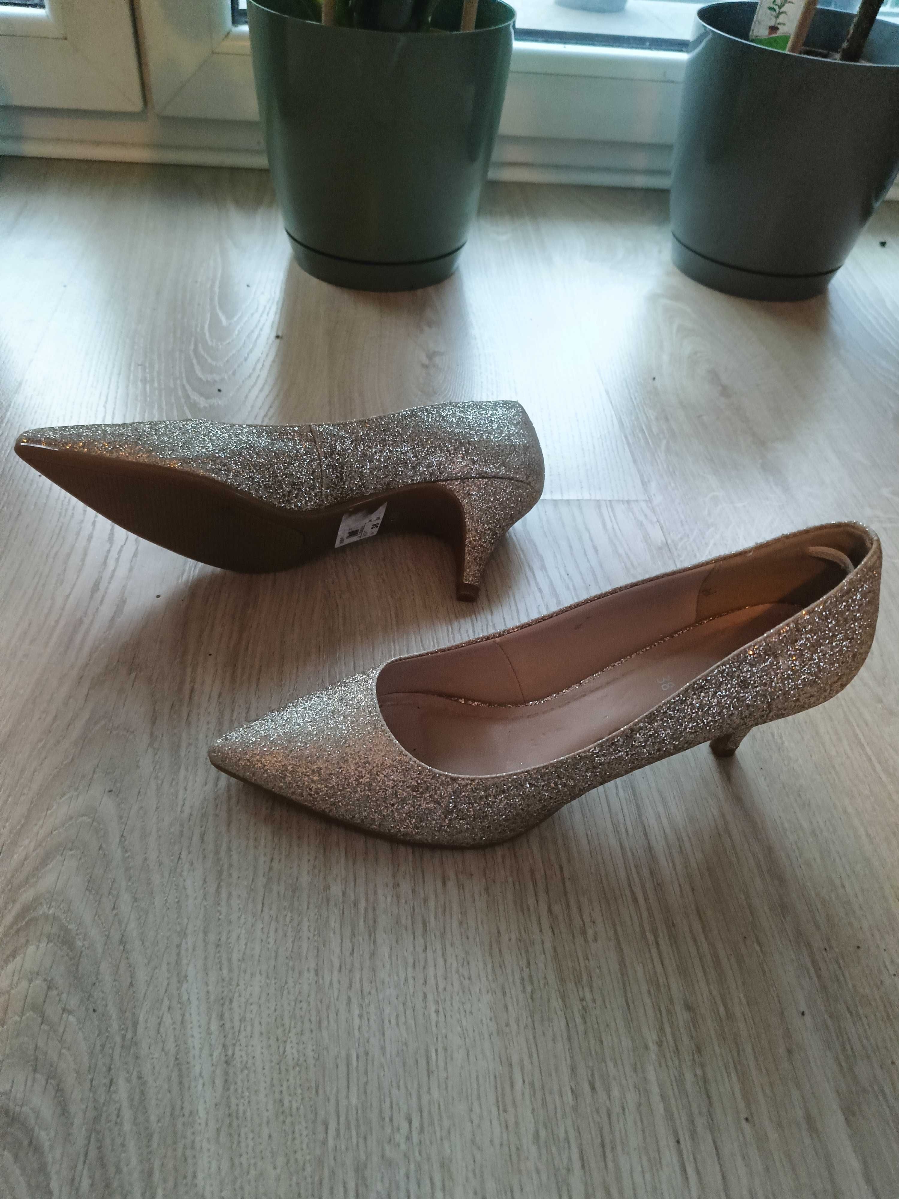 Czółenka na Niskim Obcasie SZpilki BROKATOWE Buty ZŁOTE DAMSKIE