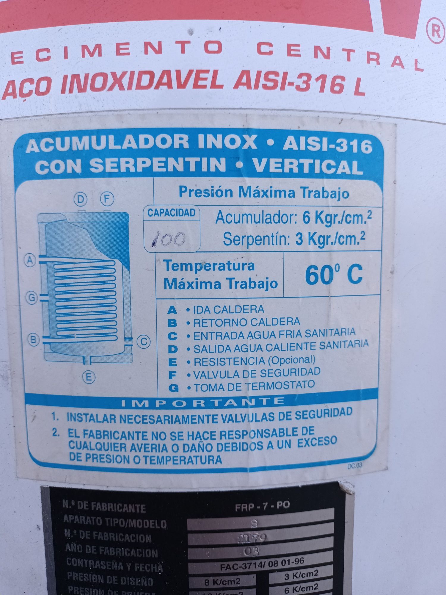 Acumulador Inox Aquecimento central