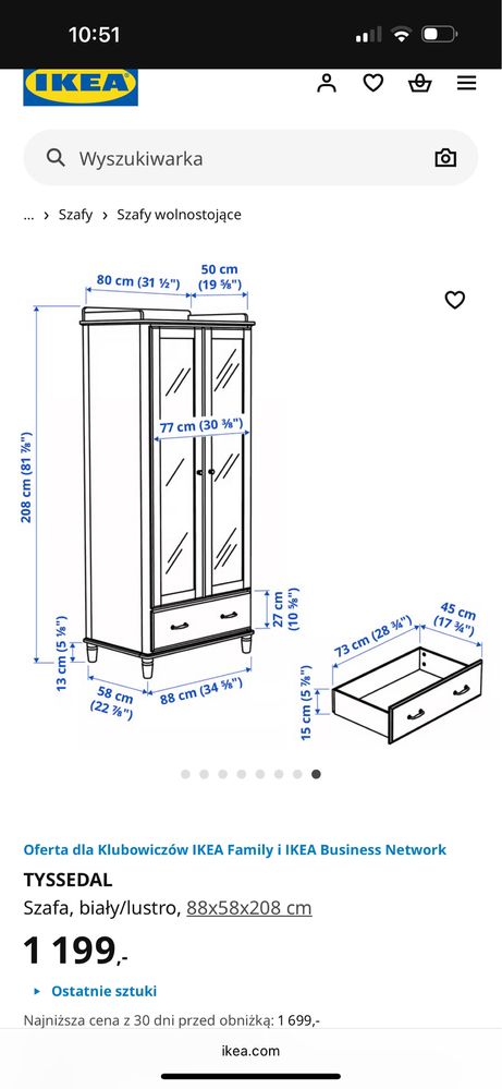 Szafa biała TYSSEDAL ikea wolnostojaca dziewczęca z lustrem kobieca