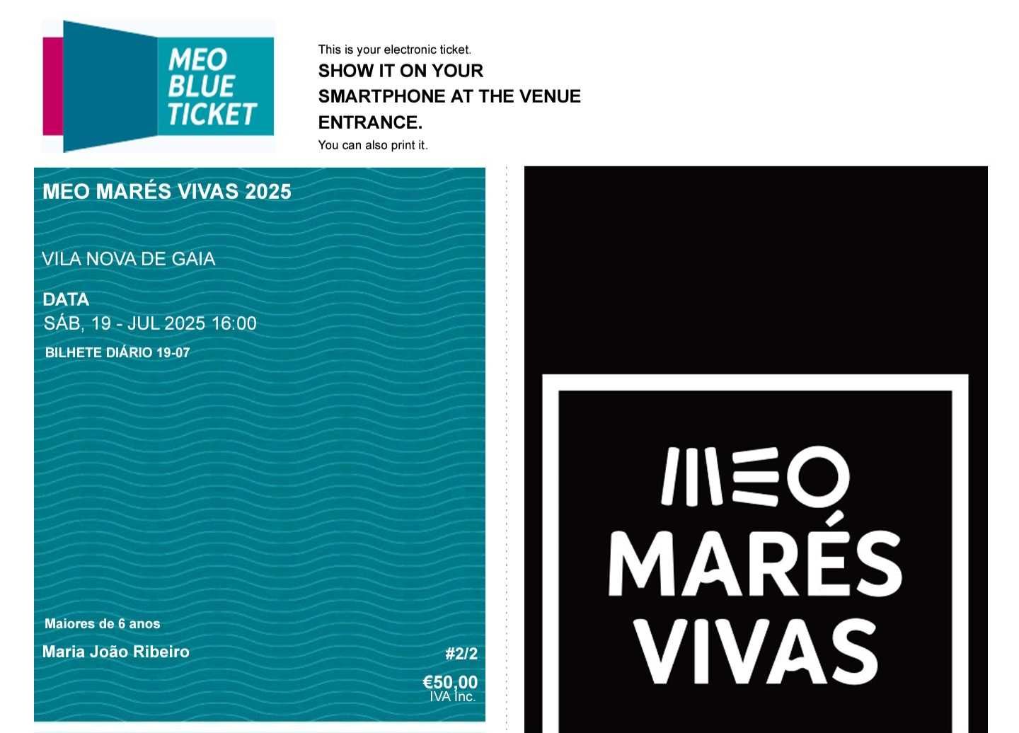 Bilhete mares vivas 19 Julho