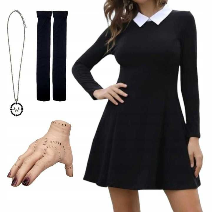 PRZEBRANIE WEDNESDAY ADDAMS sukienka rączka strój karnawał zestaw XL