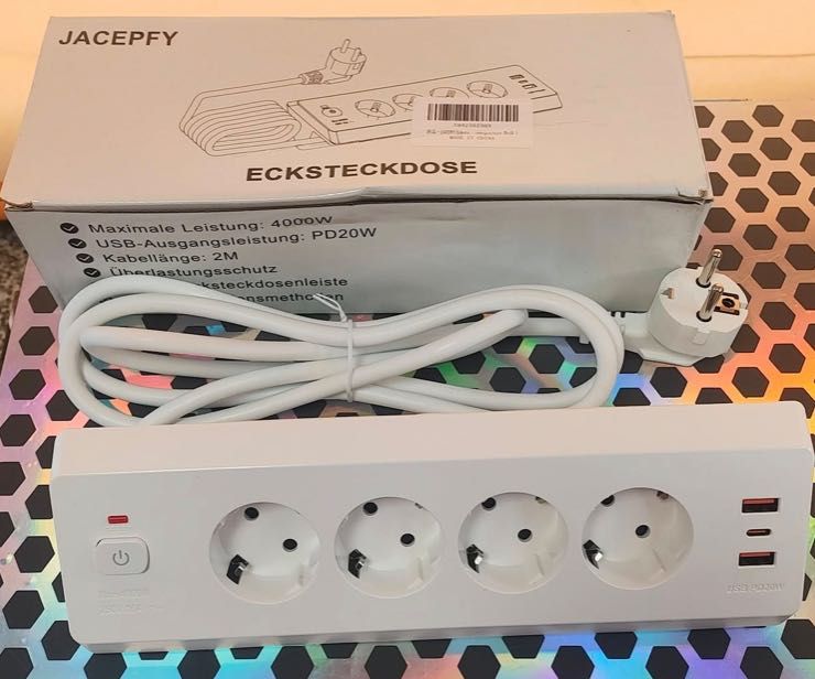 Listwa zasilająca narożna, przedłużacz 2m. 4000w USB A USB-C PD 20W