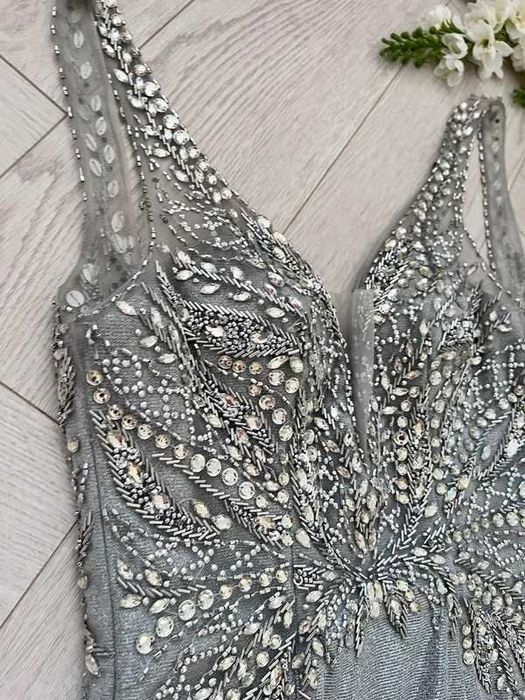 Obłędna suknia brokatowa zdobiona na poprawiny, dla świadkowej 34 XS