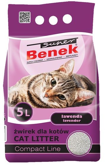 Drobny żwirek dla kotów o działaniu uspokajającym - Benek Lawenda 5L