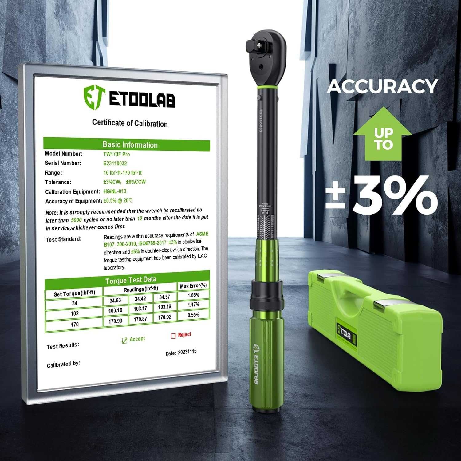 Динамометричний ключ ETOOLAB 1/2 дюйма,20-230 Нм,похибка ±3%,72 зубці