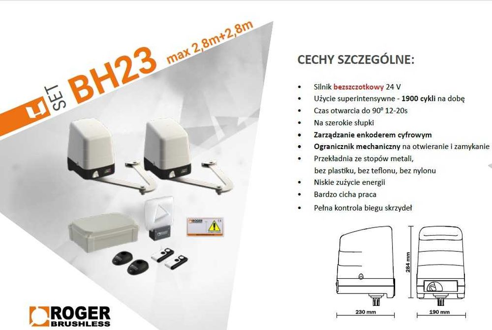 Napęd bramy skrzydłowej SET ROGER BH23/252/F silnik bezszczotkowy