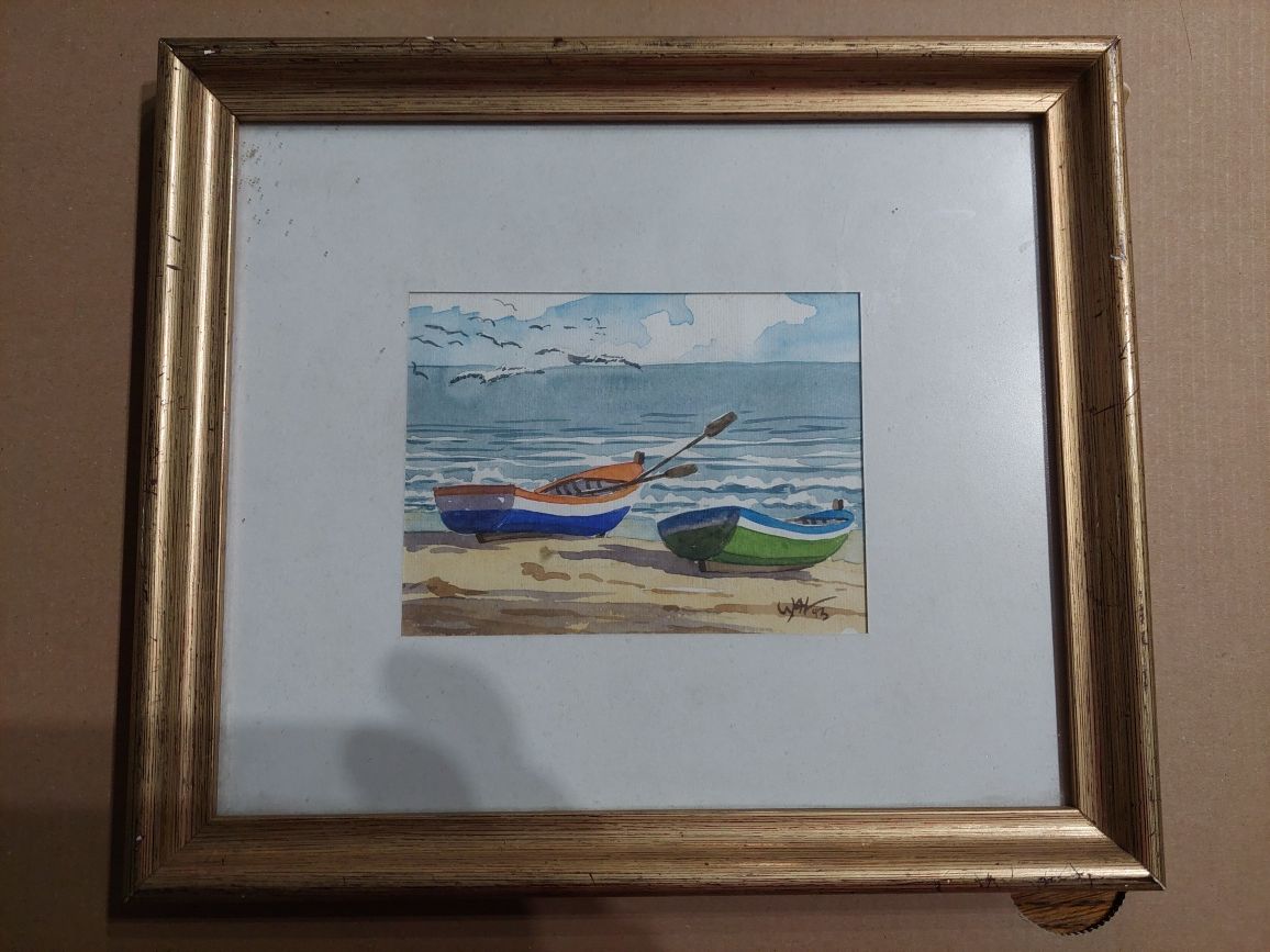 Aguarela barcos com moldura assinada pintura  quadro