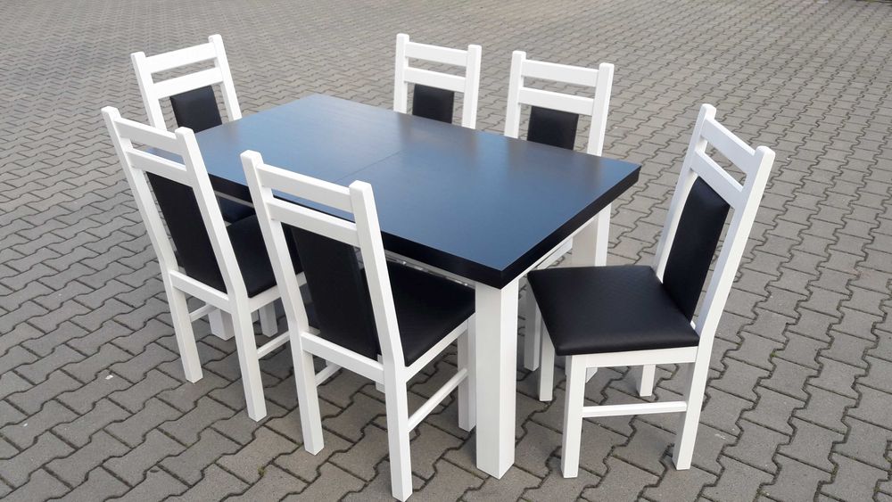 Stol 150/200x80x76 +6 krzesel bialy polysk /blat czarny laminat okazja