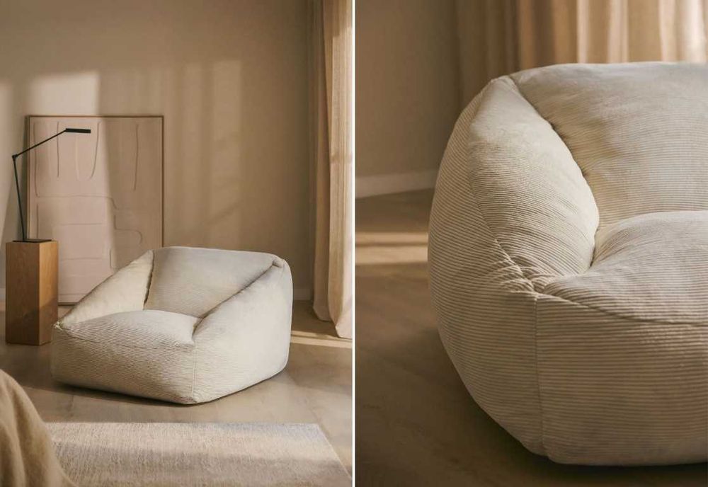 Puff cadeira bege, em veludo, marca Sklum