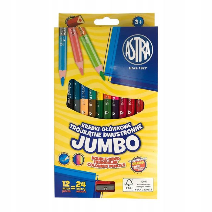 ASTRA Kredki ołówkowe trójkątne dwustronne JUMBO 12 sztuk