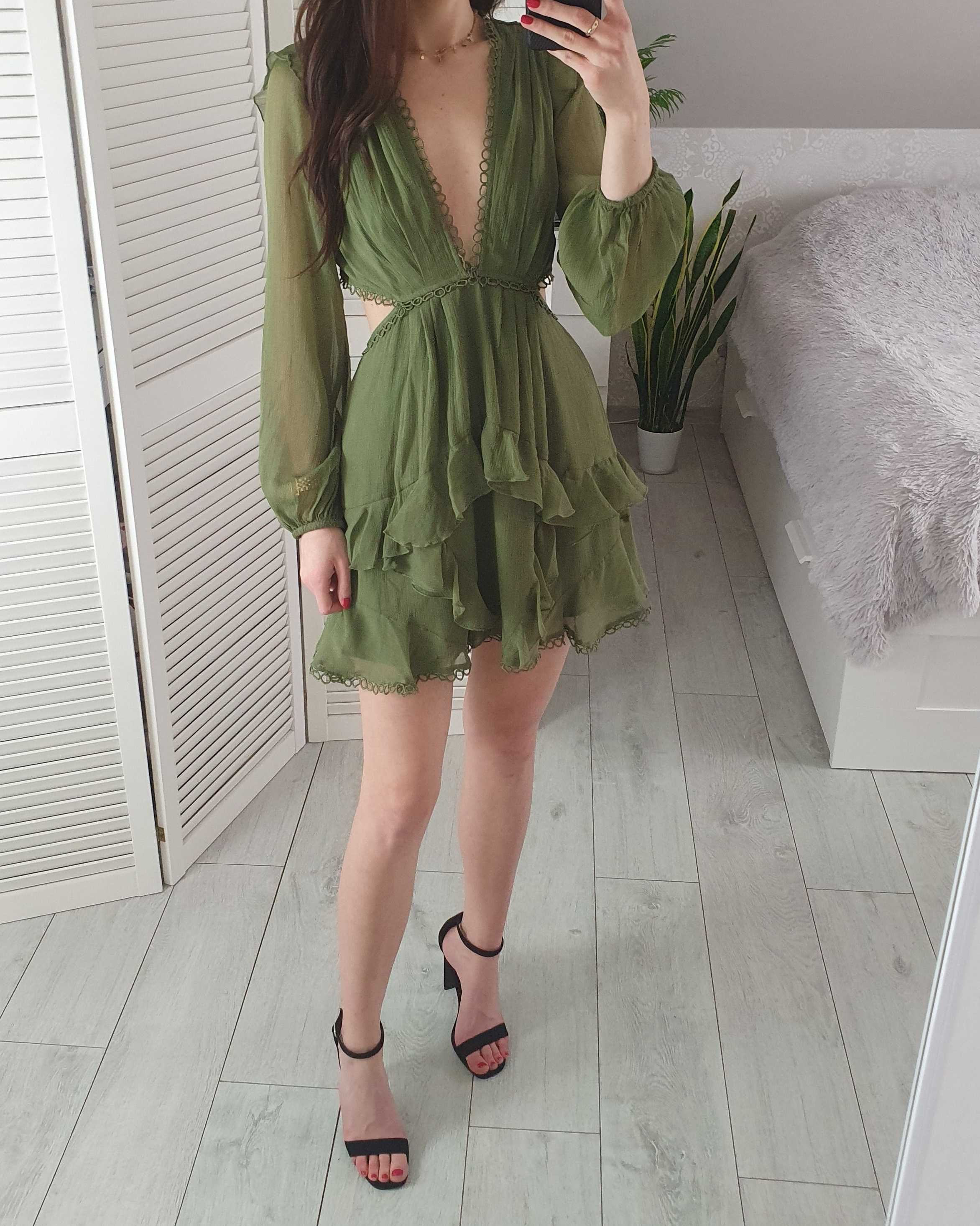 Asos szyfonowa khaki krótka sukienka wycięciem na plecach dekoltem 34