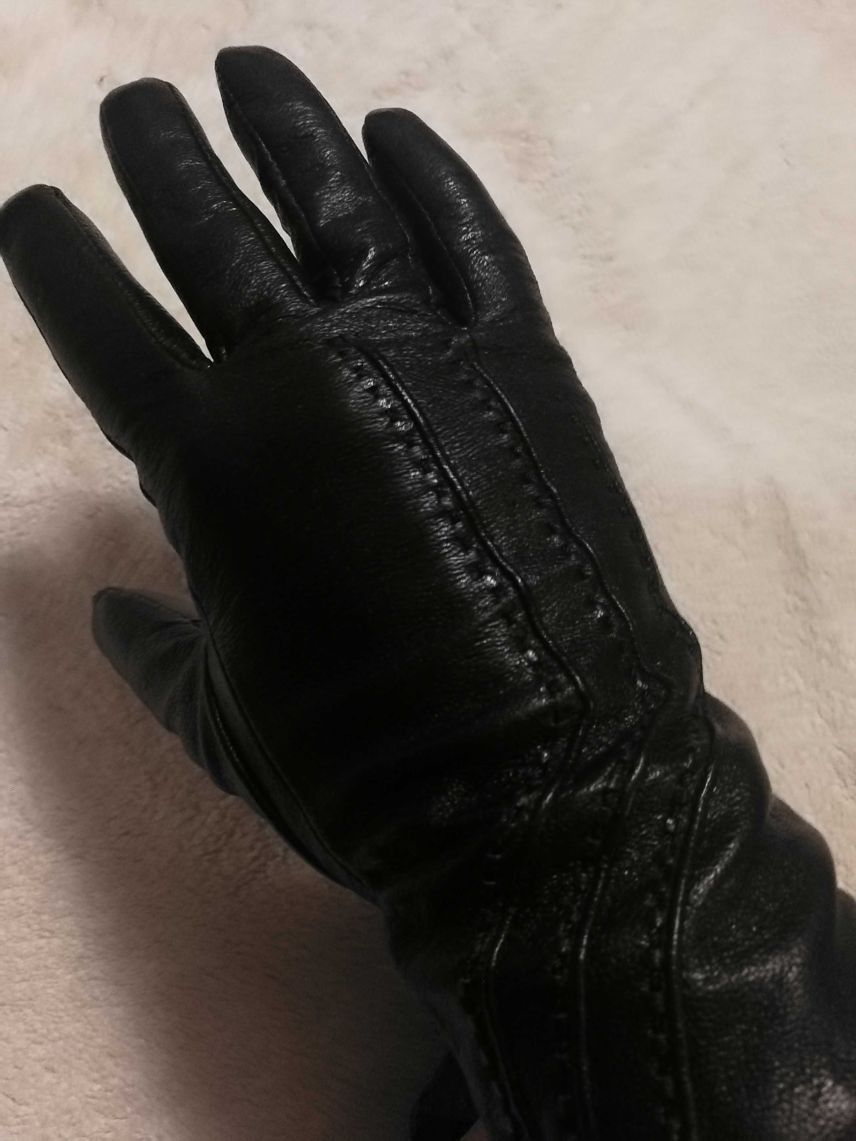 Rękawiczki damskie, czarne, skórzane, rozm. 7, S